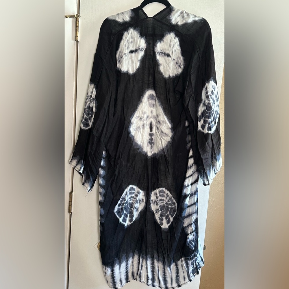 Black White Tie Dye Kimono Duster OS Lightweight Boho Cover Up - Picture 2 of 4